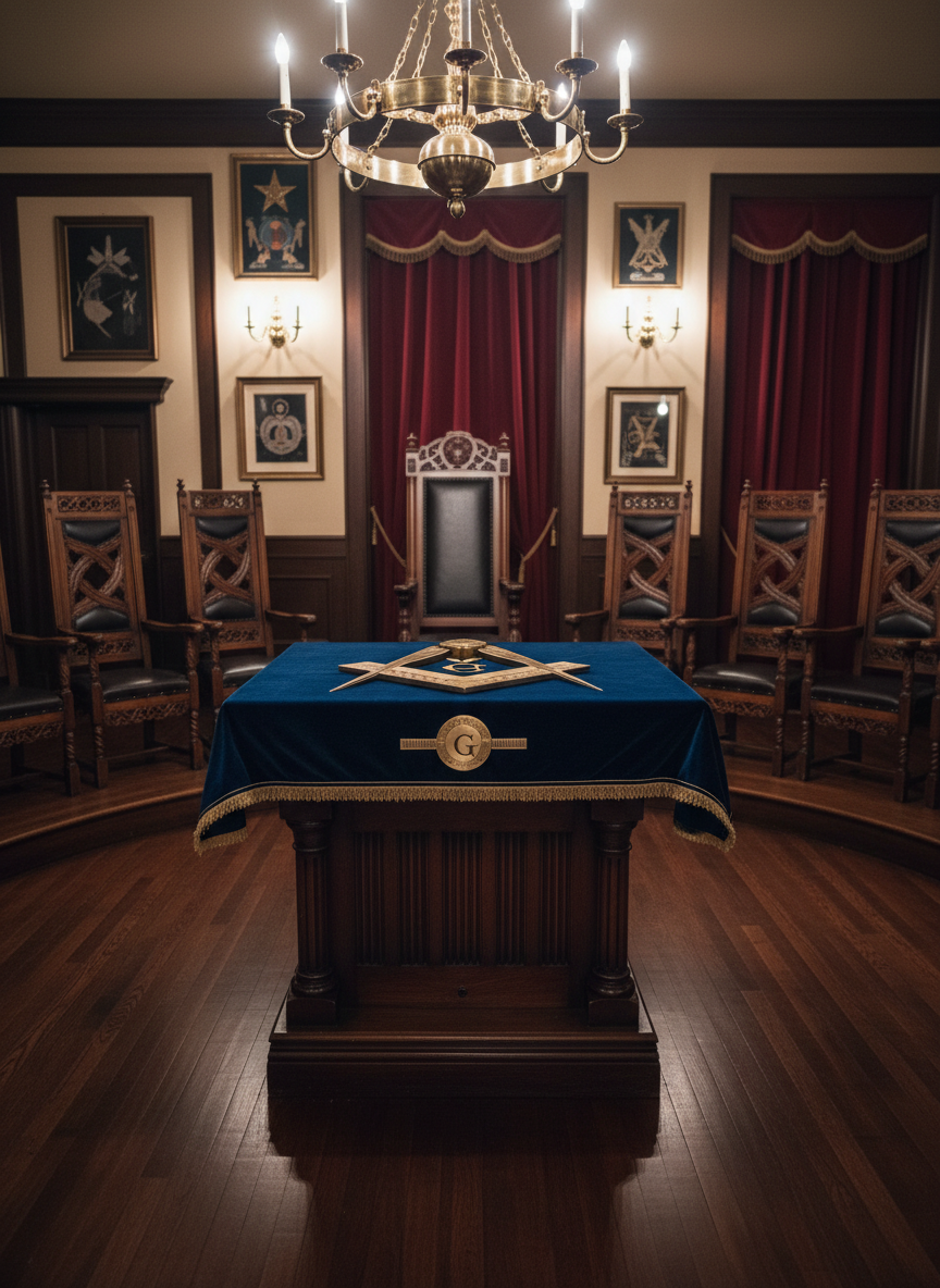 Masonic altar with square and compasses in a lodge room